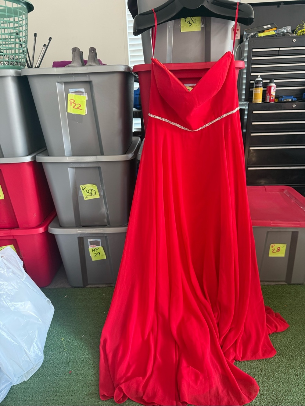 Red ' Formal Spaghetti-Strap Dress with Rhinestone Waist p62